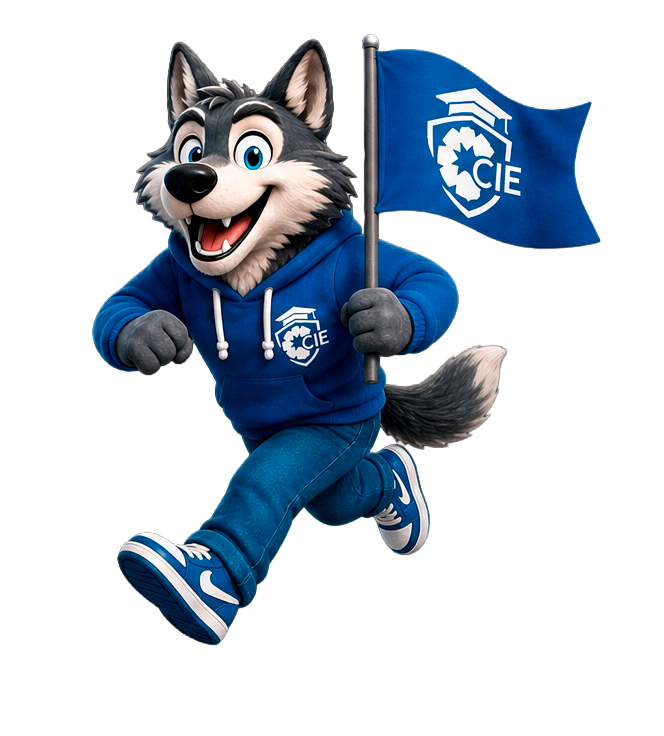 Mascota CIE con bandera del instituto